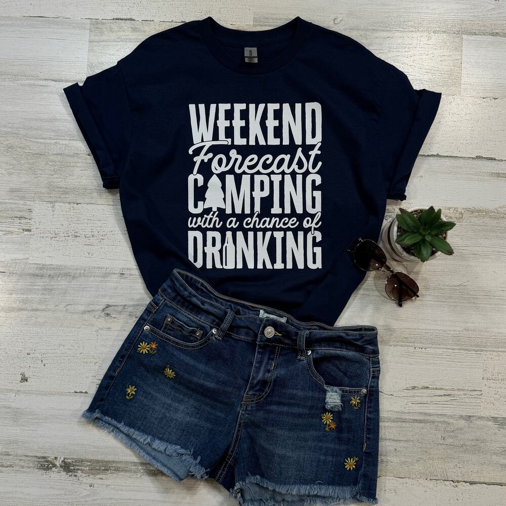 Weekend Forecast Camping With a Chance of Drinking Large T-Shirt Navy Blue - Picture 1 of 6